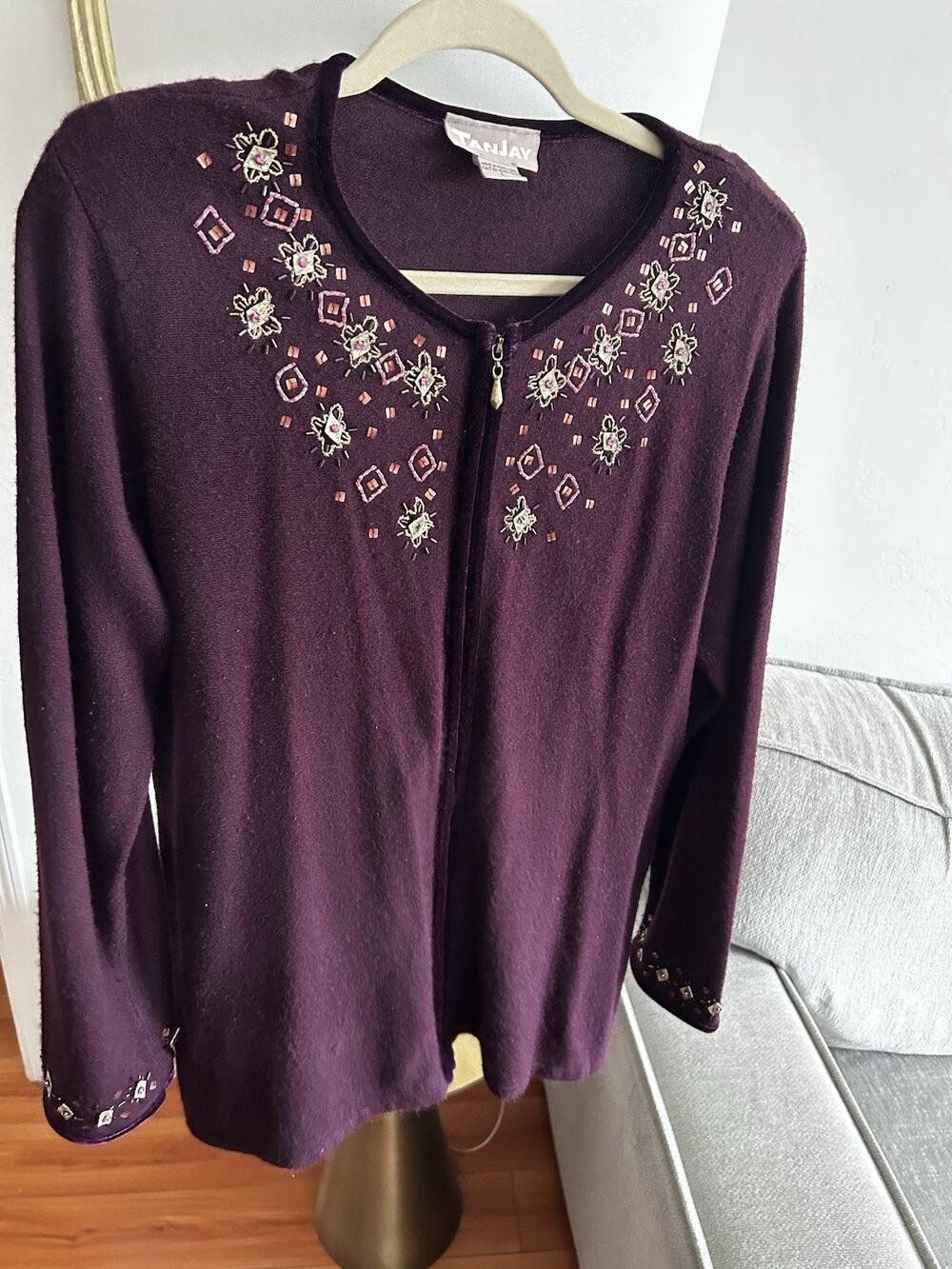 Vtg Burgundy Knit Velvet Sequin Cardigan Size L Whimsigoth Dark Fairy